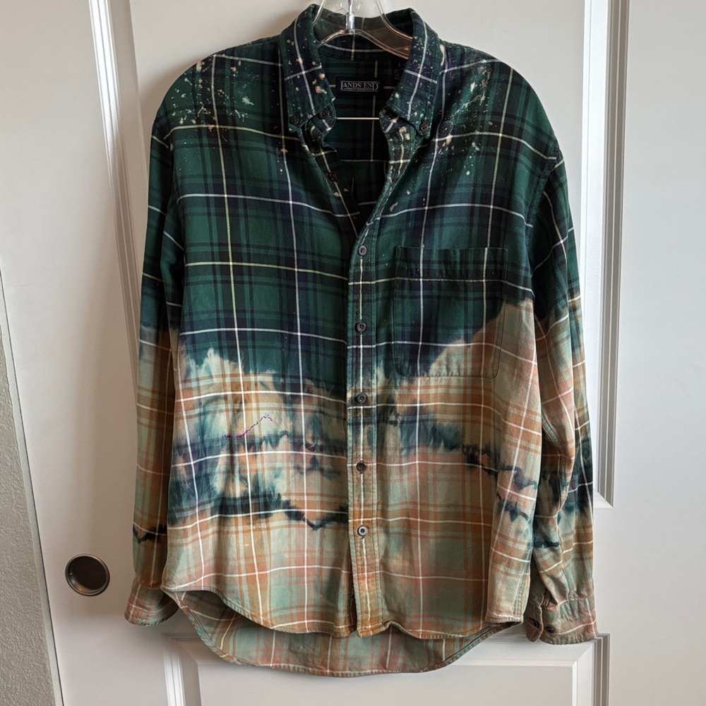 Lands' End Green & Tan Plaid Dip-Dye Button-Down Shirt